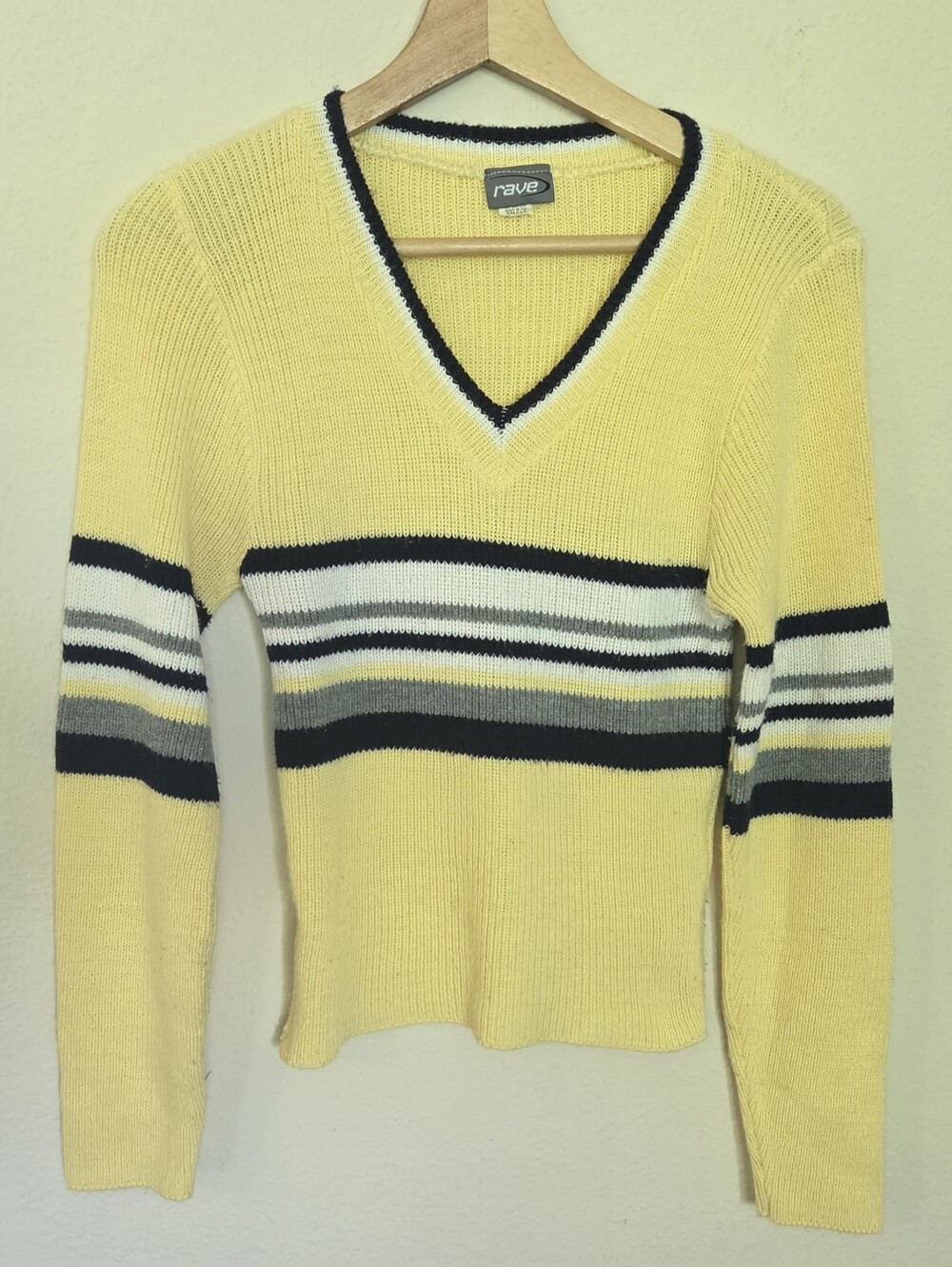Y2K Rave Vintage Yellow VNeck Stripe Knit LS Sweater